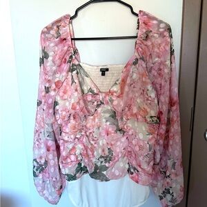 Express Pink and White Floral Blouse with Billowy Sleeves